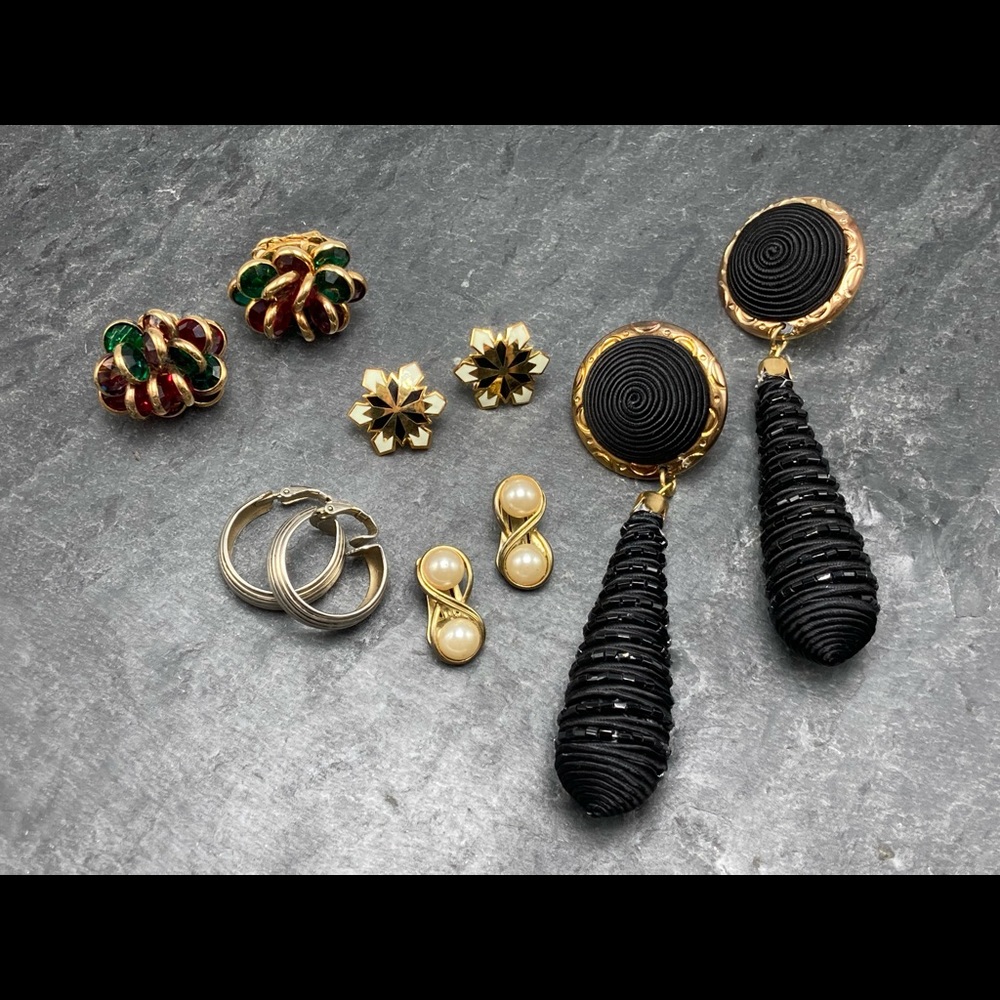 CLIP-ON Women’s Vintage Bundle 5x pairs earrings silver gold cloisonné